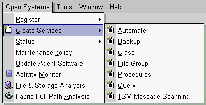 This illustration is a screen shot example of the Open Systems drop-down menu and includes the Create Services option list.