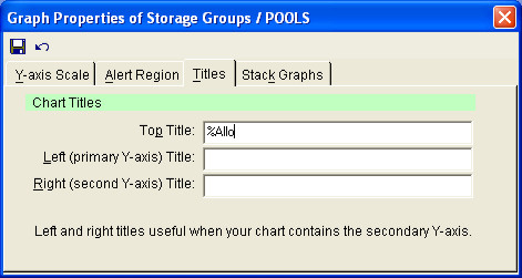 This illustration is a screen shot example of the Titles tab dialog of the Graph Properties dialog available for Bar and Area graphs.
