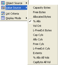 This illustration is a screen shot example of the Value Source options available from the List menu in the List object view window menu bar.