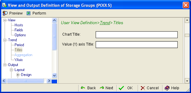 This illustration is a screen shot example of the User View Definition, Trend, Titles page of the View and Output Definition Wizard.