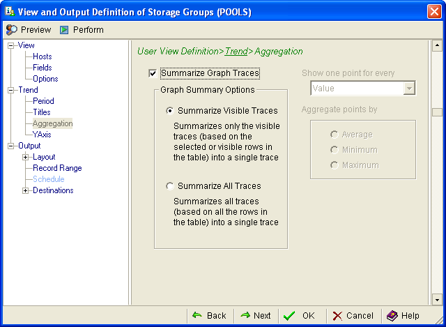 This illustration is a screen shot example of the User View Definition, Trend, Aggregation page of the View and Output Definition Wizard.
