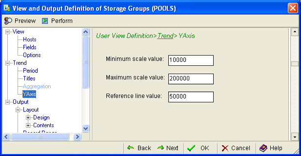 This illustration is a screen shot example of the User View Definition, Trend, YAxis page of the View and Output Definition Wizard.