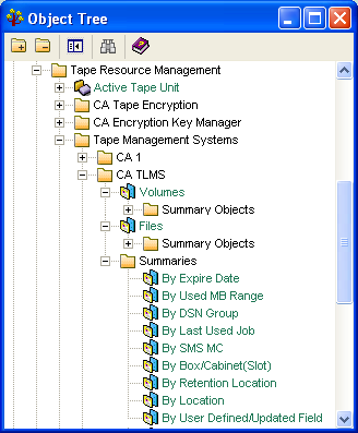 Screen shot example of the Object Tree showing the CA TLMS objects.