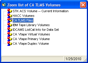 Screen shot example of the Zoom List of CA TLMS Volumes dialog.