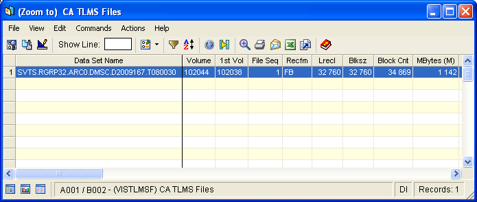 Screen shot example of the Zoom to CA TLMS Files object window.