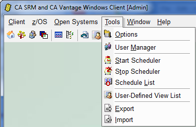 This is a screen shot of the Windows Client main menu showing the Tools menu options