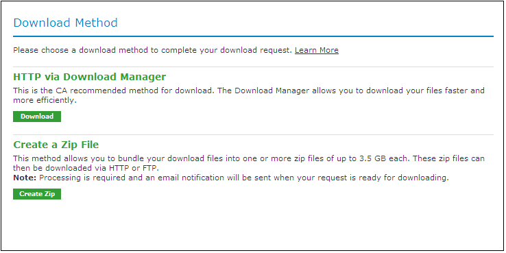 This figure shows a sample Download Method window from CA Support online.