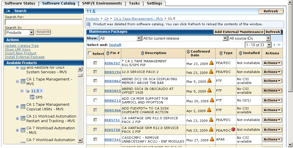 The screen capture shows the Maintenance Packages section for a product release.