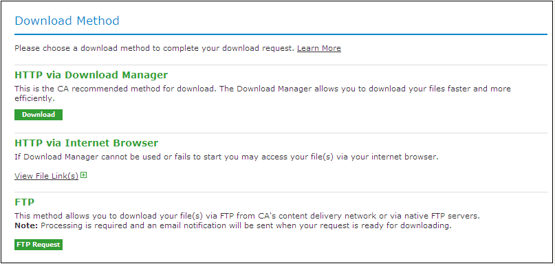 This illustration shows a sample Download Method window from CA Support online.