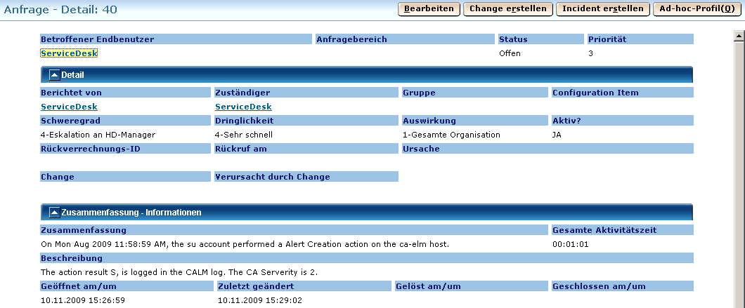 Der Service Desk zeigt die Zusammenfassung und Beschreibung mit den Daten für die von Ihnen eingegebenen Variablen an.