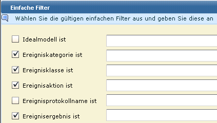 Einfache Filter enthalten Werte für Ereigniskategorie, Ereignisklasse, Ereignisaktion und Ereignisergebnis.