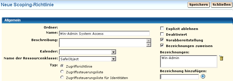Wenn Sie für einen Benutzer eine Richtlinie zur Bereichsdefinierung erstellen, geben Sie unter "Richtlinienname" den Namen dieses Benutzers an.