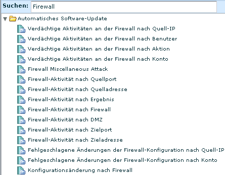 Berichtsliste - gezeigt wird die Suche nach Firewall-Berichten