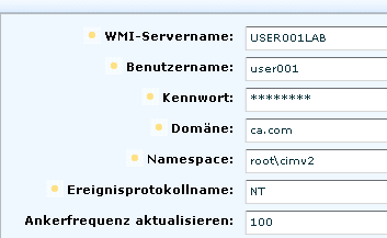 Der WMI-Servername ist das lokale Gerät, auf dem der Agent installiert ist.
