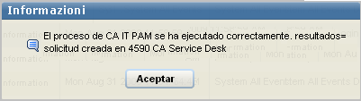El ejemplo de mensaje de información de ejecución correcta incluye el número de solicitud.