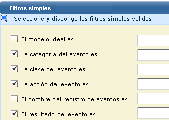 Entre los filtros simples se incluyen valores para categoría de evento, clase de evento, acción de evento y resultado de evento.
