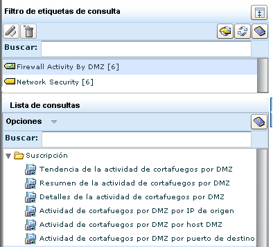Lista de consultas: muestra la etiqueta de actividad de cortafuegos seleccionada