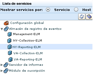 El almacenamiento de registro de eventos muestra los servidores NY-Recopilación-ELM, NY-Informes-ELM, VA-Recopilación-ELM y VA-Informes--ELM, de los que está seleccionado NY-Informes-ELM.