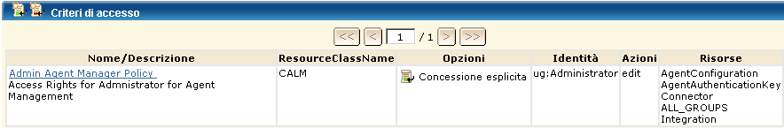 Il criterio di gestione dell'agente Admin garantisce agli amministratori il diritto di eseguire attività di modifica relative a configurazione degli agenti, chiave di registrazione degli agenti, connettori, ALL_GROUPS e risorse di integrazione.