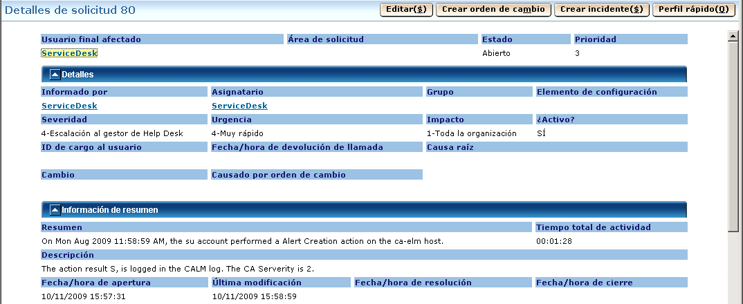 Service Desk muestra información de resumen y descripción con datos para las variables introducidas.