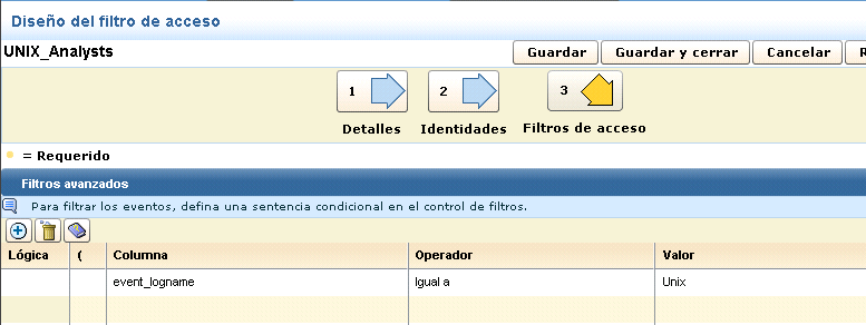 Esta ilustración muestra la página de filtro avanzado completada del asistente de diseño de filtro de acceso.