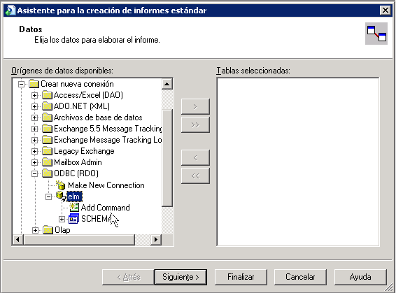 Esta ilustración muestra el asistente de creación de informes estándar de la herramienta BusinessObjects Crystal Reports.