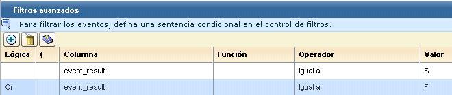 Haga clic en Agregar, seleccione event_result para la columna, Igual a para el operador y seleccione S para el valor. Introduzca Or para la lógica y repítalo, e introduzca F para Value.
