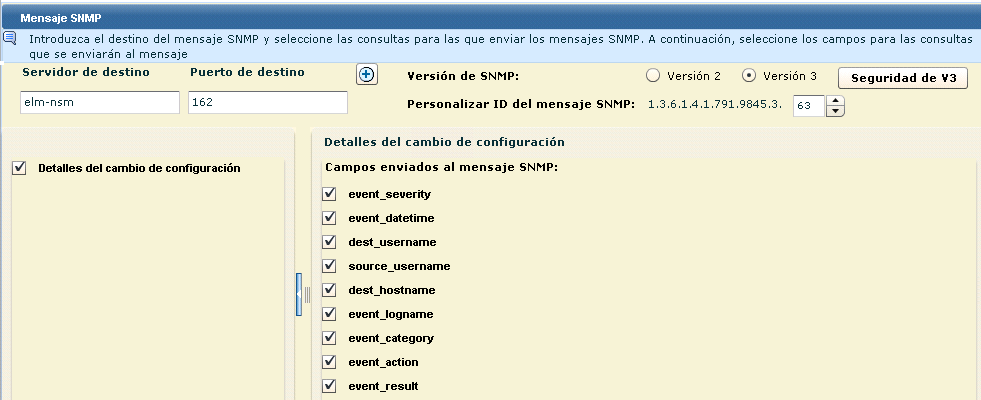Los campos de Detalles del cambio de configuración incluyen event_severity, event_datetime, dest_username, source_username, dest_hostname, event_logname, event_category, event_action y event_result.