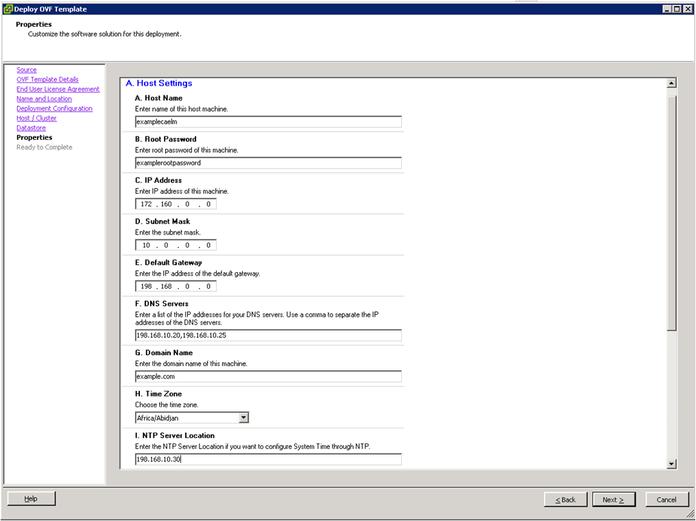 En el marco Host Settings de la página Properties, introduzca los valores para cada configuración de host.