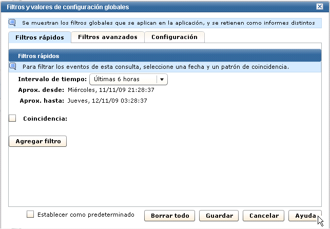 Cuadro de diálogo Filtros y valores de configuración globales