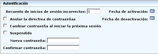 Cuadro de diálogo Nuevo usuario: campos Derechos de autenticación