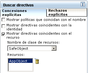 La búsqueda basada en el recurso muestra todas las políticas en las que el recurso seleccionado aparece en la columna de recursos.