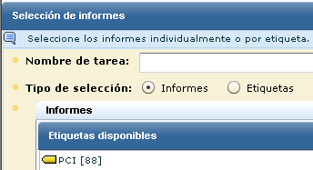 En el panel Selección de informe, la única etiqueta disponible es la de PCI.
