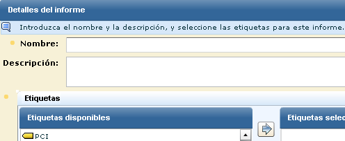 En el panel de detalles del informe, la única etiqueta es la de PCI.