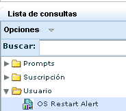 La carpeta Usuario de la lista de consultas muestra la alerta creada en función de la consulta de eventos autocontrolados, Detalles de todos los eventos del sistema.