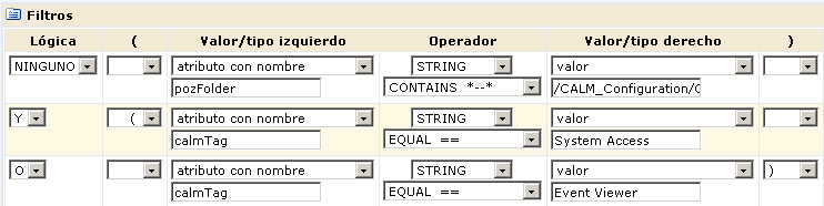 Sólo tendrá que actualizar la política para tener filtros (calmTag="Acceso al sistema" OR calmTag="Visor de eventos").