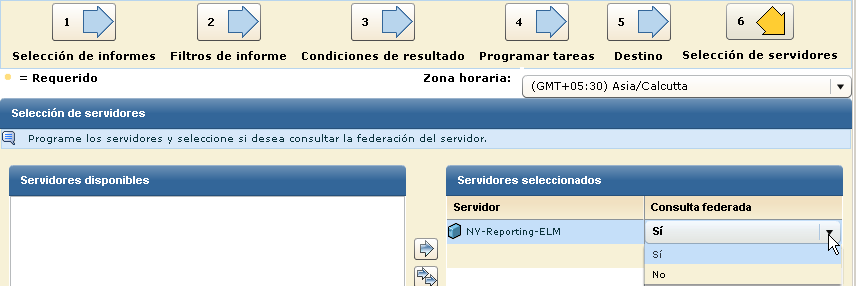 En el asistente de programación de informes, en el paso de selección de servidor, seleccione Sí para la consulta federada.