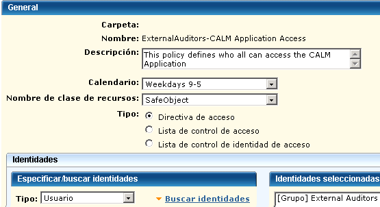 La política de acceso a CALM con un calendario y un grupo de usuarios nuevo limita el acceso a CA User Activity Reporting Module a los usuarios de esta función.