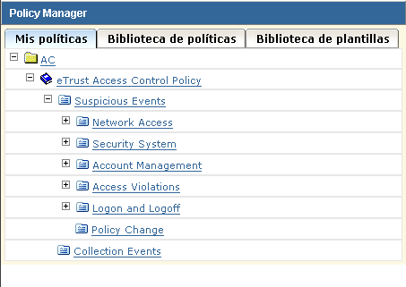 El panel de CA Audit Policy Manager que muestra la ficha Mis políticas con la política de eventos sospechosos seleccionada.