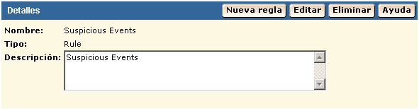El panel de detalles muestra que la política de eventos sospechosos está seleccionada y aparece el botón de nueva regla en la parte superior.
