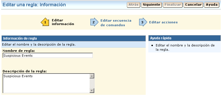 Esta imagen muestra la primera página del asistente de edición de reglas.