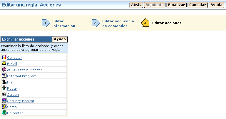 Esta imagen muestra la página de acción del asistente de edición de reglas con una lista de acciones en otro panel a la izquierda.