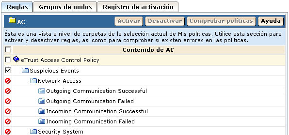 Esta imagen muestra la ficha de reglas con la política de eventos sospechosos seleccionada para el marcado y la activación.