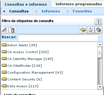 Esta imagen muestra la lista de etiquetas disponibles de la subficha Consultas, con la etiqueta de consulta de CA Access Control resaltada.