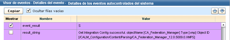La cadena de resultados muestra los detalles del evento.