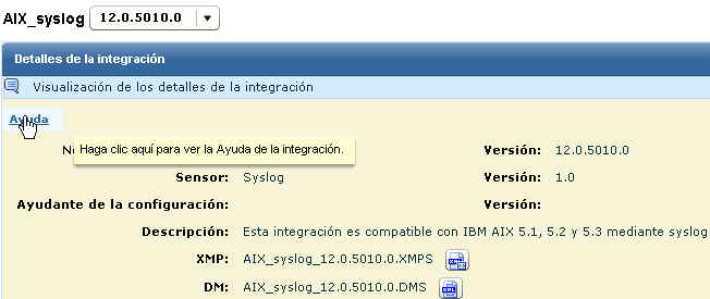 Para abrir la Guía de conectores para la integración seleccionada, haga clic en el vínculo Ayuda situado encima del nombre de la integración.