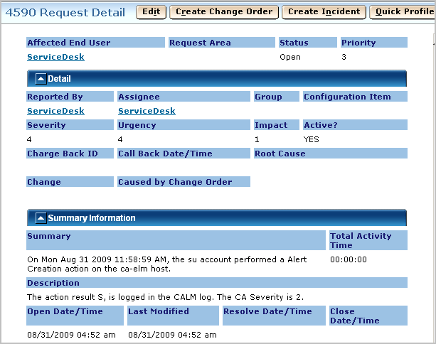 The Service Desk displays the summary and description information with data for the variables you entered.