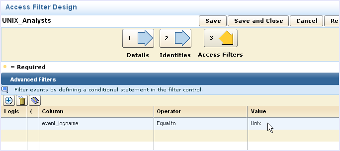 This illustration shows the completed advanced filter page of the Access Filter Design wizard.