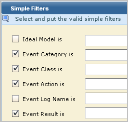 Simple filters include the values for event category, event class, event action, and event result.