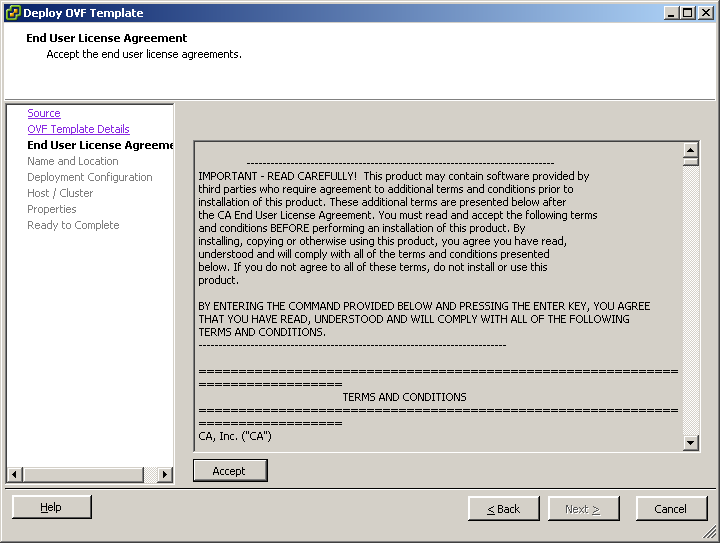 The End User License Agreement page displays the license text of CA and the third-party products.